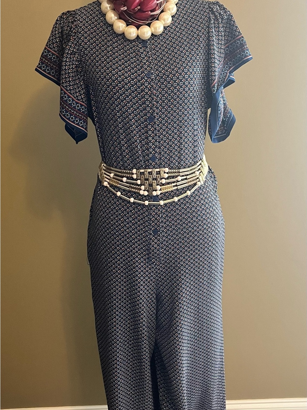 Max Studio Wide Leg Navy Patterned Short-Sleeve Jumpsuit